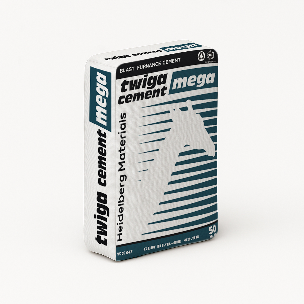 A Twiga Cement bag branded with Heidelberg Materials, featuring a giraffe graphic.
