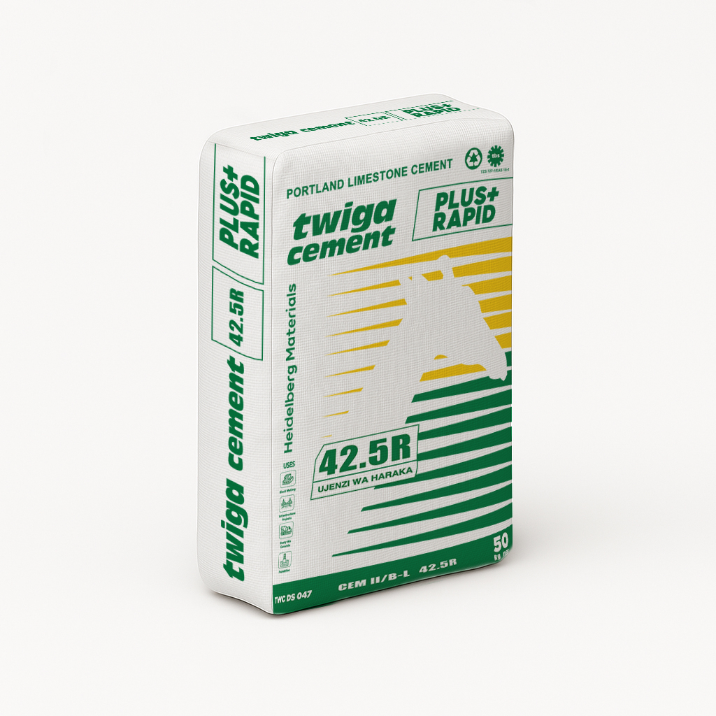 A bag of Twiga Cement Plus+ Rapid with branding highlighting 42.5R strength rating.